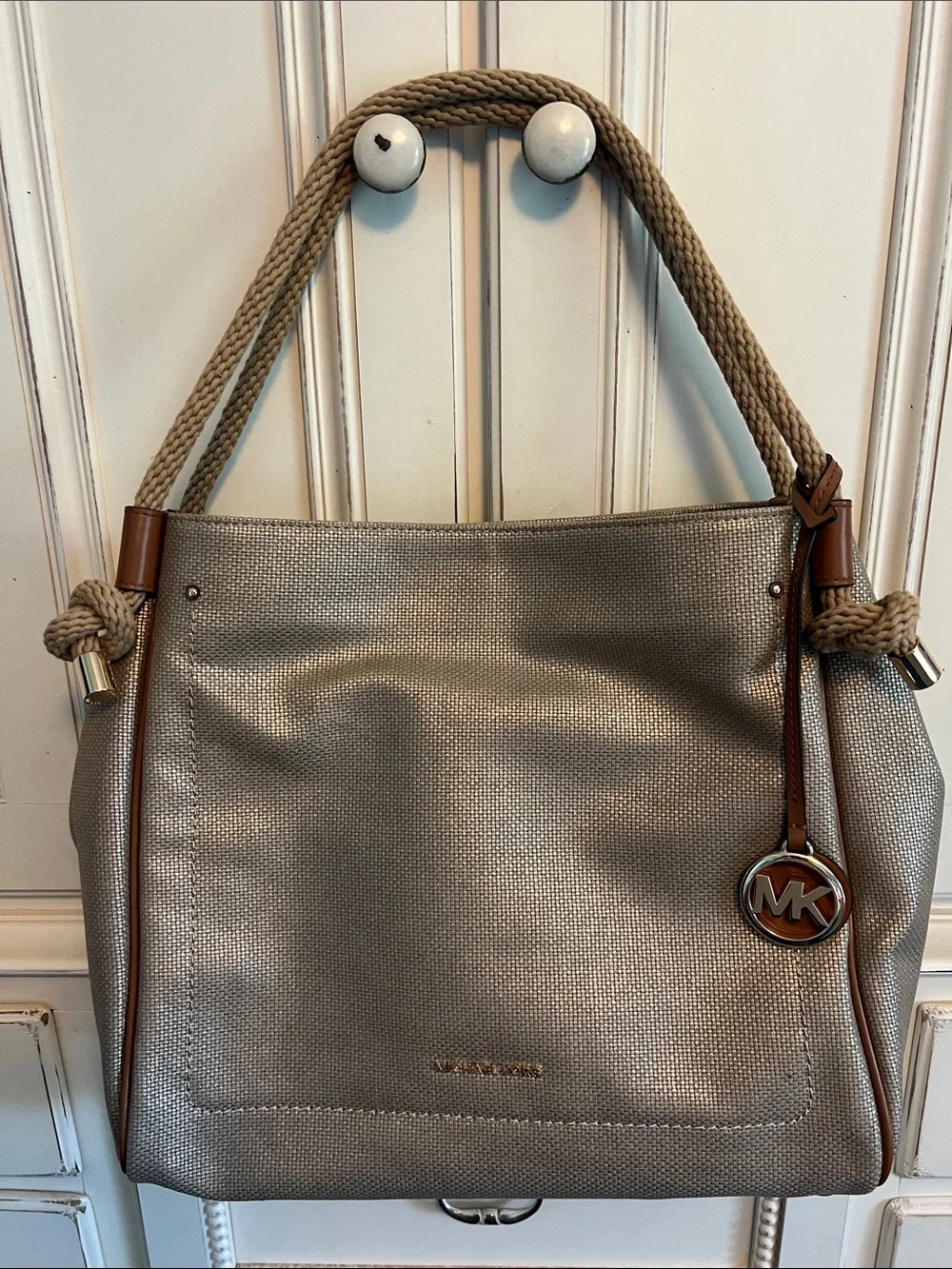 Michael Kors Metallic Taupe Tote with Tan Trim and Rope Handles